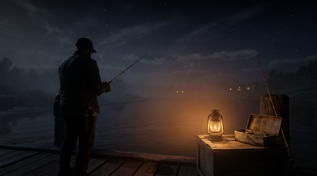 Night fishing scene with a warm lantern illuminating a tackle box on a dark riverbank