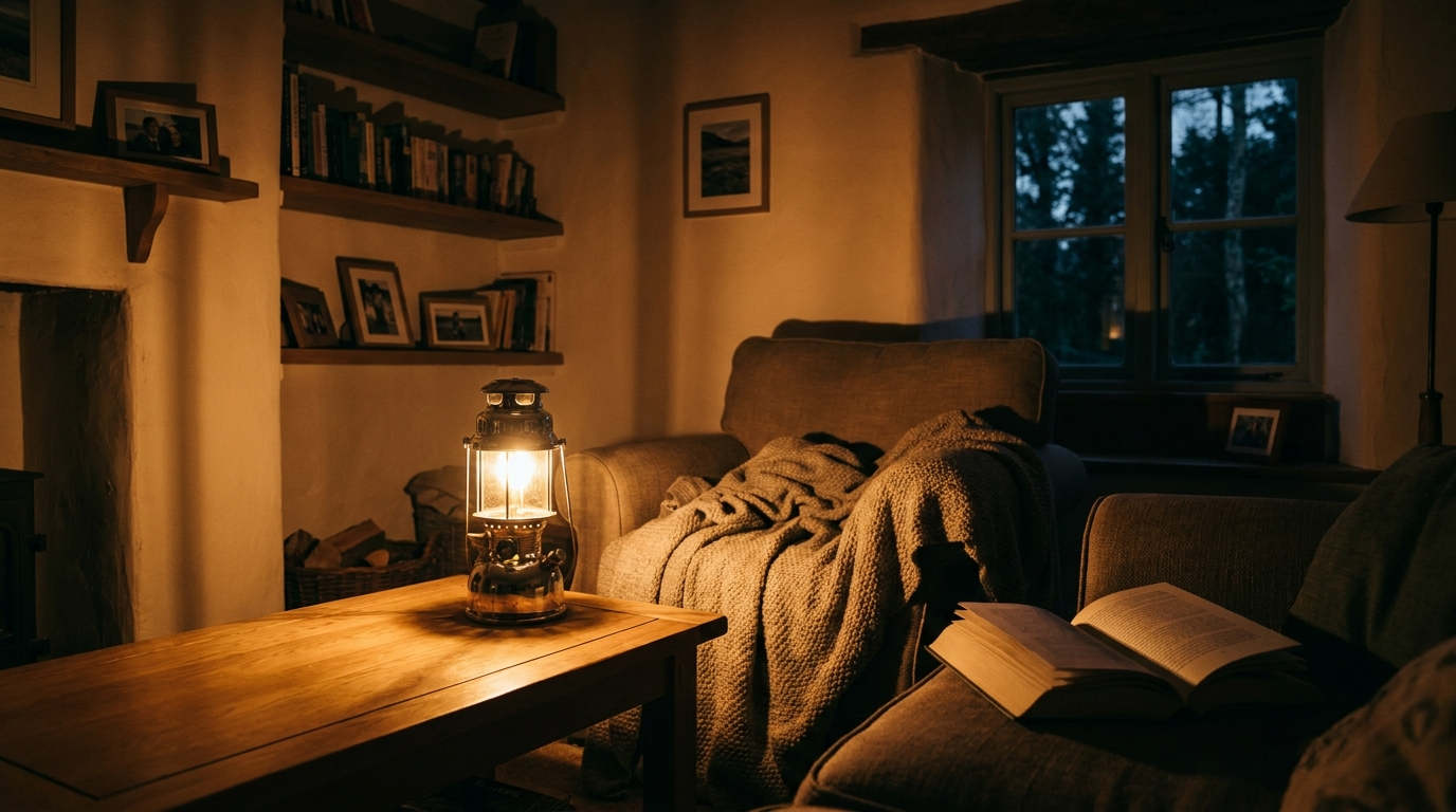Cozy living room lit only by a warm portable lantern during a power outage
