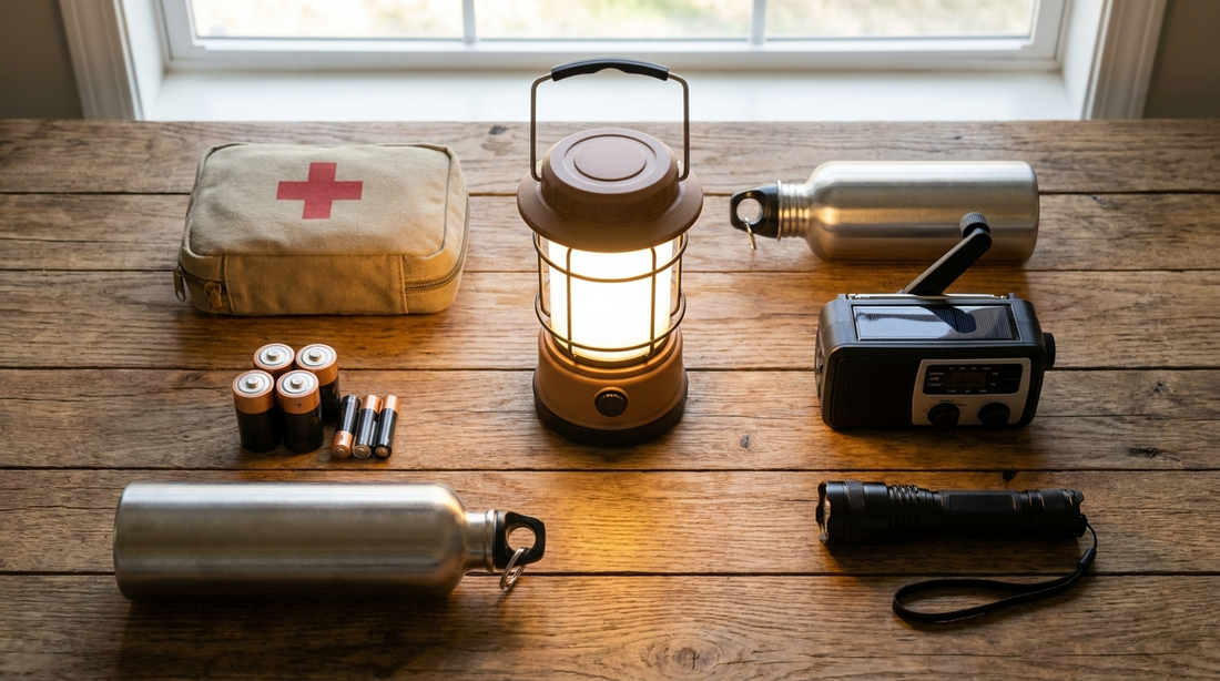 Top-down flat lay of an emergency preparedness kit with a portable lantern, batteries, and first aid supplies