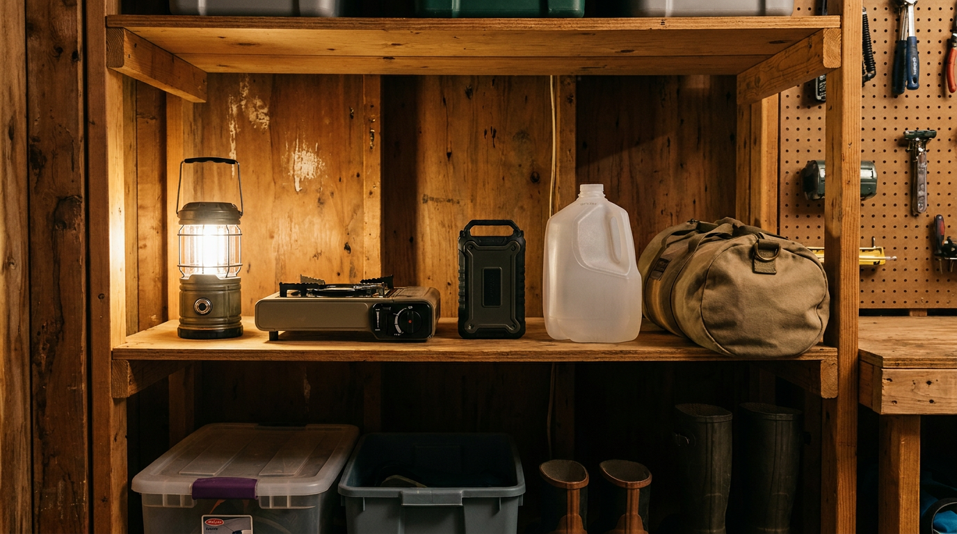 Organized garage storage shelf with camping and emergency gear together