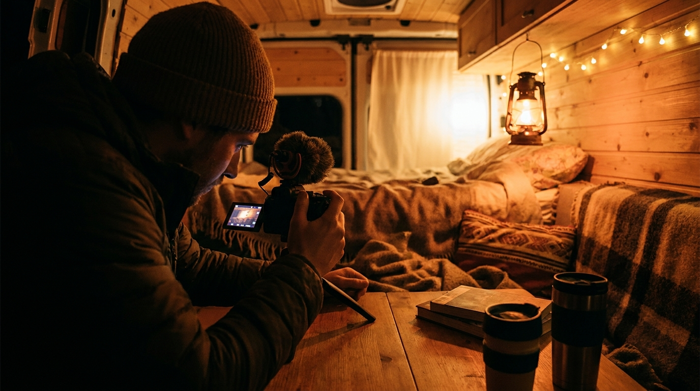 Van life vlogger filming inside a cozy van interior lit by a warm diffused light