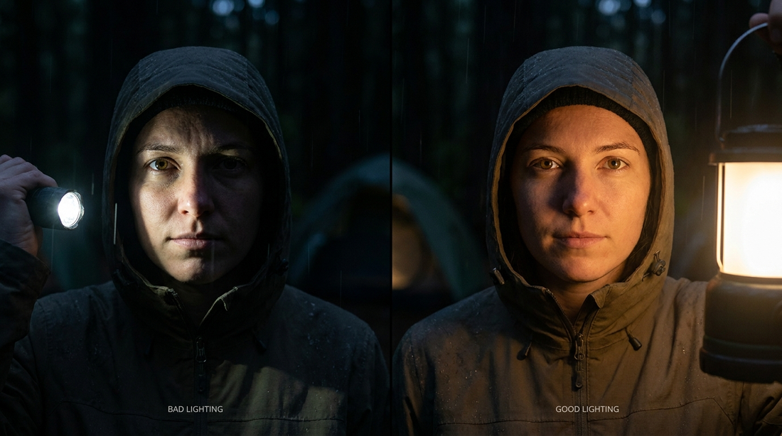 Split comparison of harsh direct flashlight beam versus soft diffused lighting outdoors at night