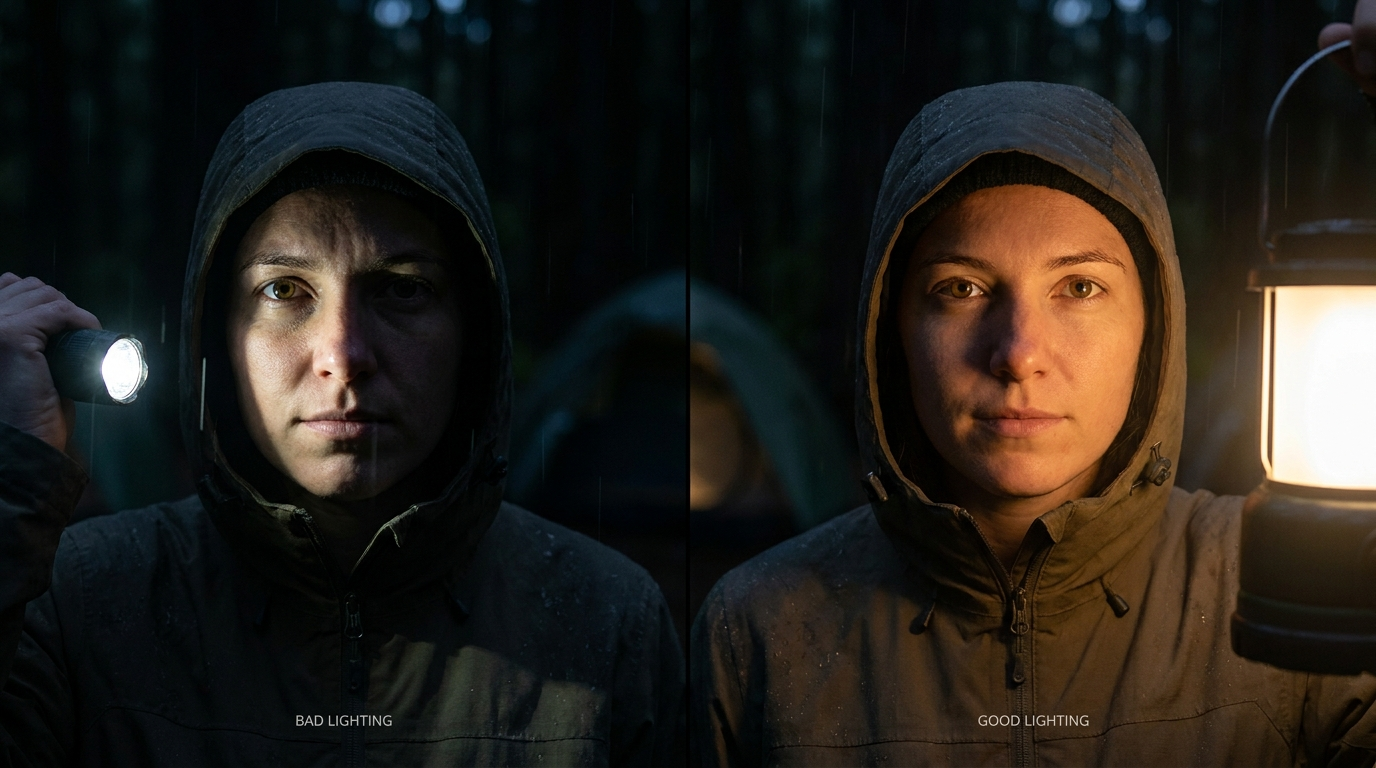 Split comparison of harsh direct flashlight beam versus soft diffused lighting outdoors at night