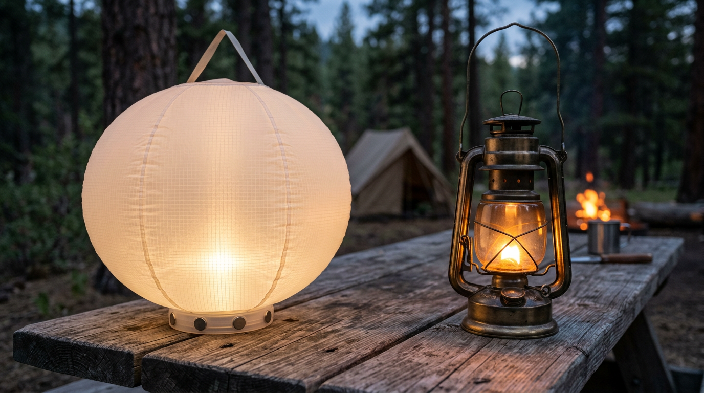 AirGlow-style spherical inflatable camp light beside a traditional metal lantern on a picnic table at dusk
