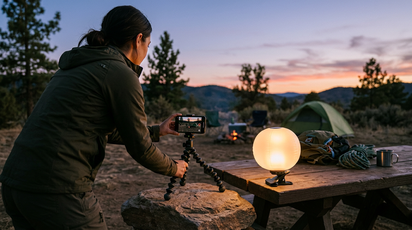Content creator filming outdoors at dusk with an AirGlow-style spherical light illuminating the setup