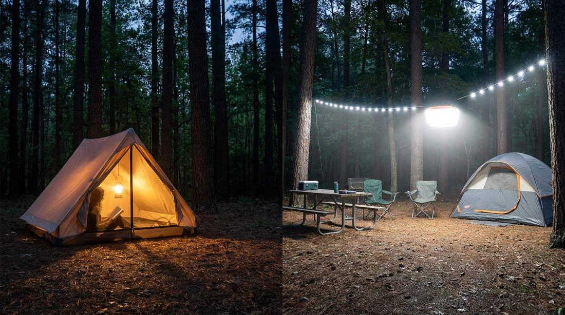 Comparison of tent interior lighting versus wide campsite lighting at twilight