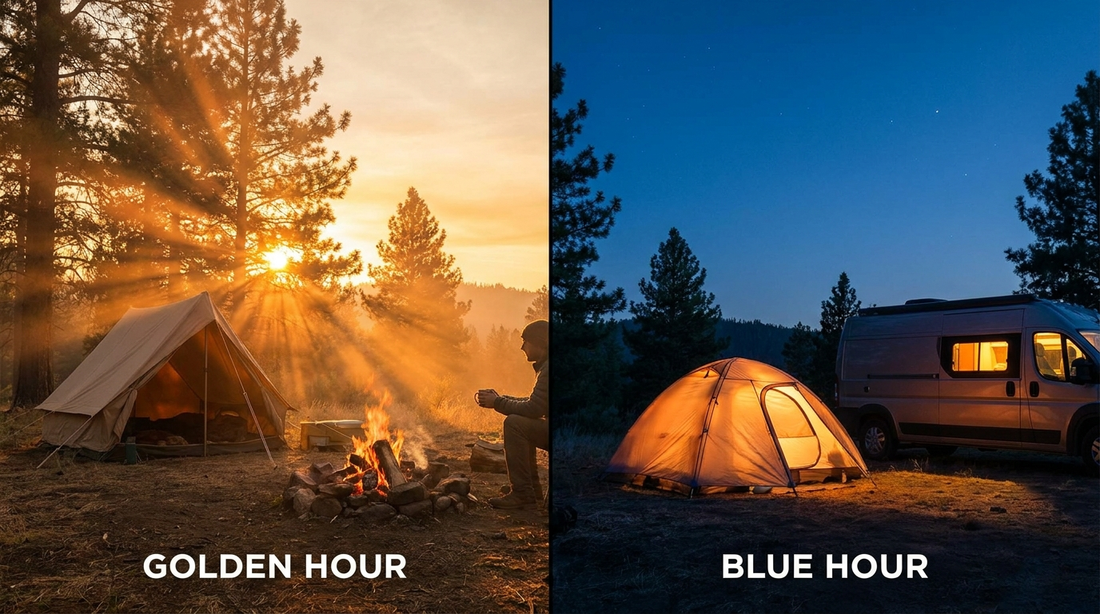 Split comparison of golden hour and blue hour outdoor lighting for content creation