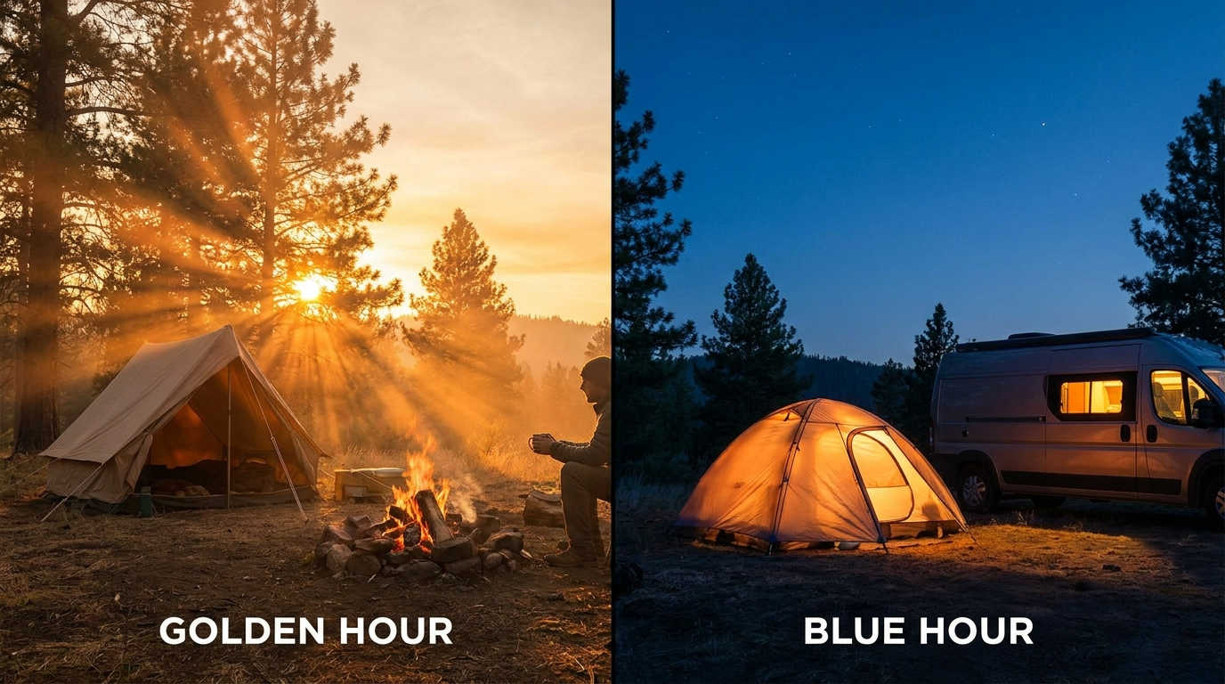 Split comparison of golden hour and blue hour outdoor lighting for content creation