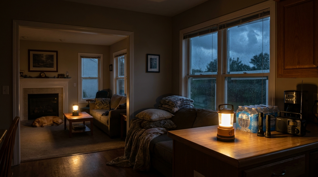 Home interior at night during a storm lit by portable lanterns in multiple rooms