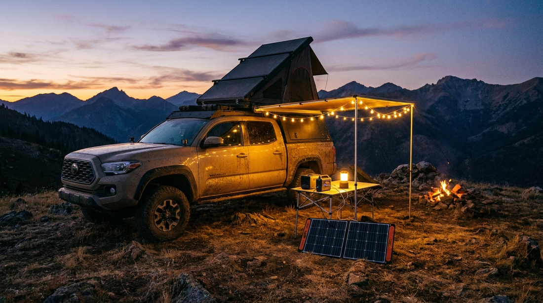 Overlanding vehicle with rooftop tent and solar power setup at dusk in remote wilderness