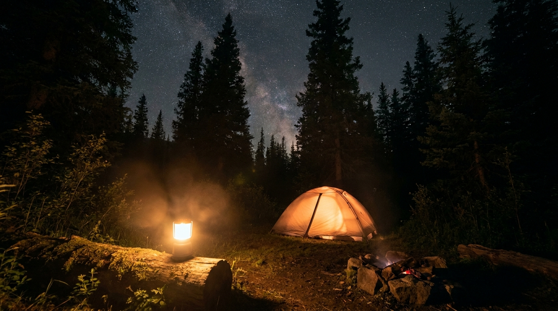 Solo camper's tent glowing warmly at a quiet nighttime wilderness campsite