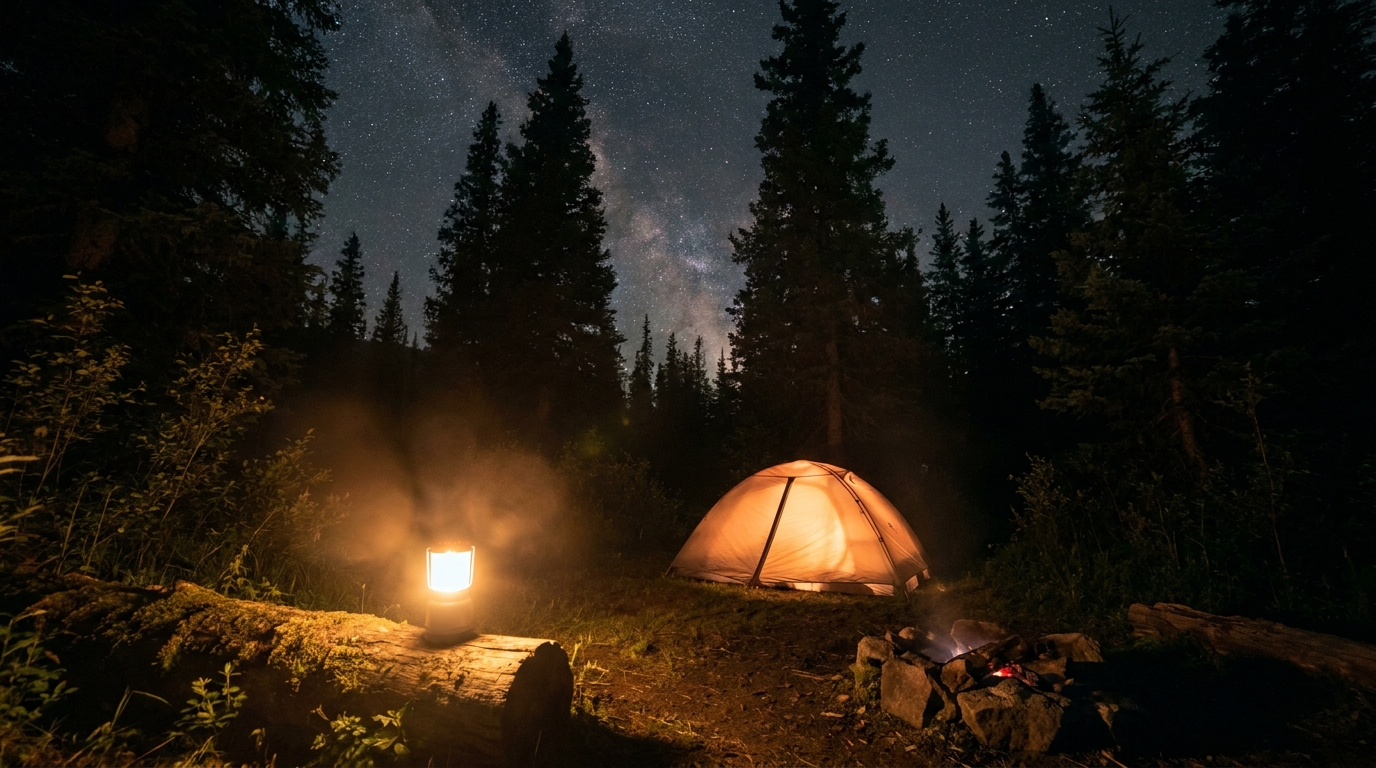 Solo camper's tent glowing warmly at a quiet nighttime wilderness campsite